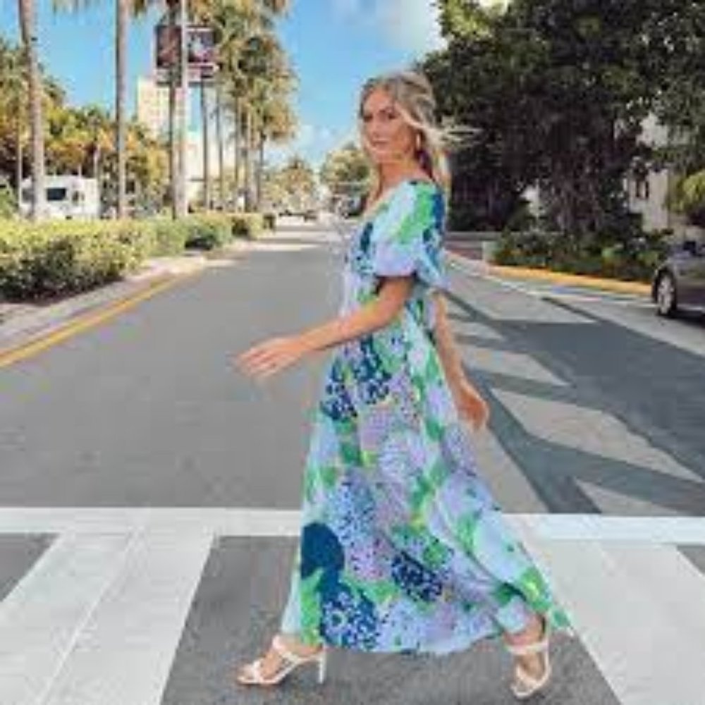 Vestique Purple Fresh Cut Flowers Puff Sleeve Smocked Hippie Small Maxi Dress